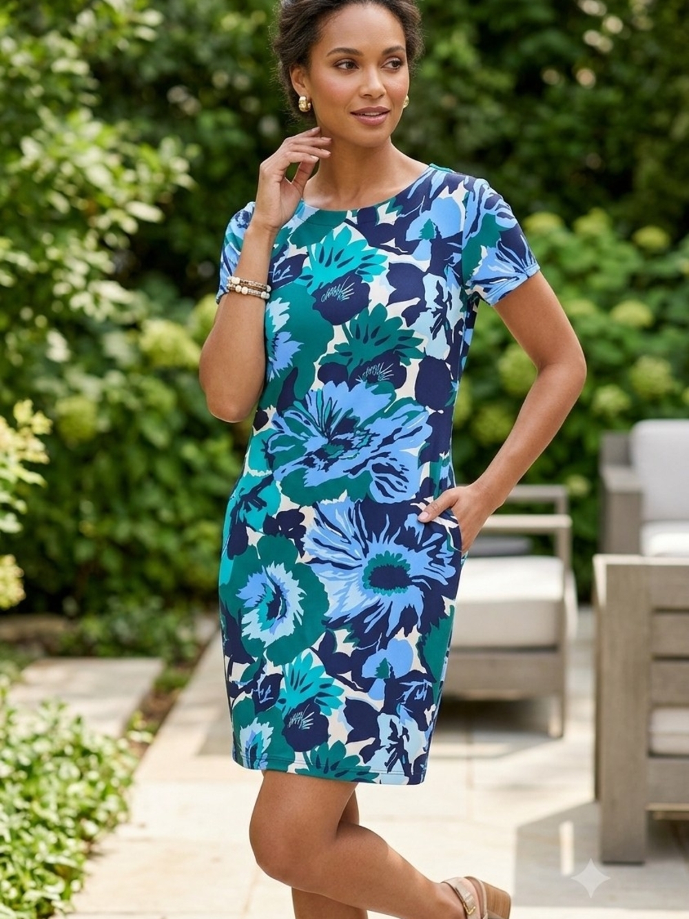 Jude Connally Teal & Navy Floral Short Sleeve Dress